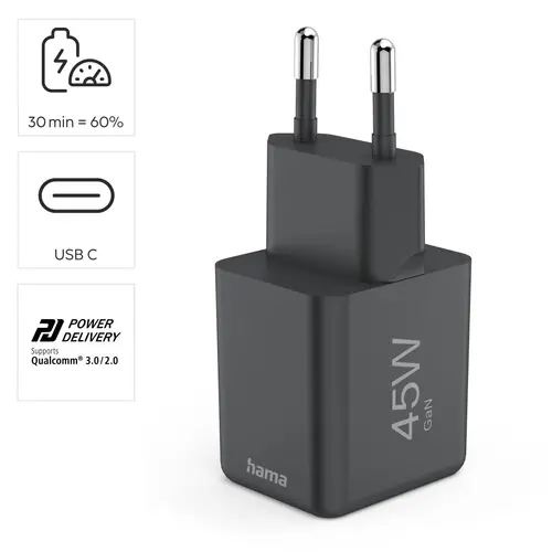 HAMA Бързо мини зарядно GaN, USB-C, PD, 45 W, черно - image 16