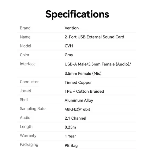 Vention външна звукова карта USB Sound card 2-Port 0.25M Gray - CVHHC - image 9