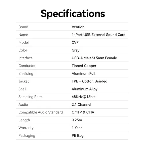 Vention външна звукова карта USB Sound card 1-Port 0.25M Gray - CVFHC - image 8