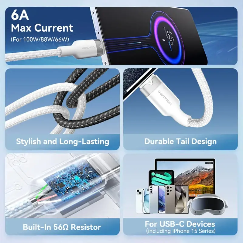 Vention Кабел USB 2.0 A Male to C Male 1.0M Black 6A Fast Charge - CTOBF - image 3