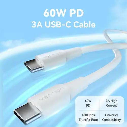 Vention Καλώδιο USB 2.0 Type-C σε Type-C - 1M Λευκό 3A Fast Charge - TAXWF - 6