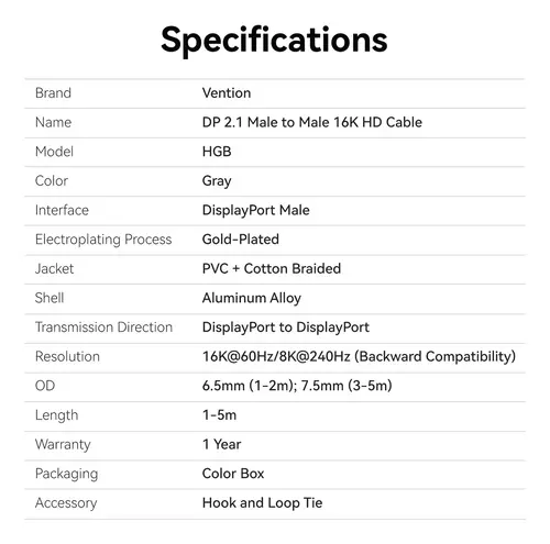 Vention Кабел Cable - Display Port v2.1 DP M / M Black 16K@60Hz, 2M - HGBHH - image 10