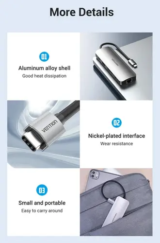 Vention докинг станция Docking Station Type-C - TOLHB - HDMI x 1, USB3.0 x 3, USB-C PD100W x 1, LAN x 1 (1Gbps), SD/TF, Audio - image 12