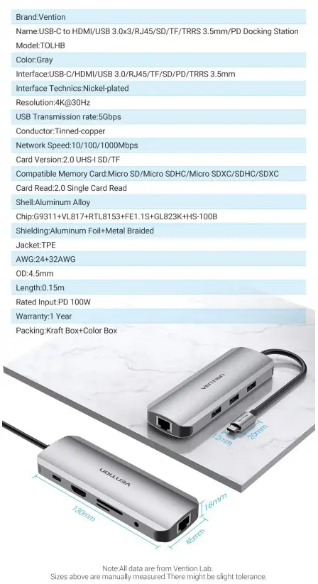 Vention докинг станция Docking Station Type-C - TOLHB - HDMI x 1, USB3.0 x 3, USB-C PD100W x 1, LAN x 1 (1Gbps), SD/TF, Audio - image 14