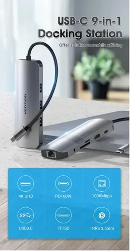 Vention докинг станция Docking Station Type-C - TOLHB - HDMI x 1, USB3.0 x 3, USB-C PD100W x 1, LAN x 1 (1Gbps), SD/TF, Audio - image 1