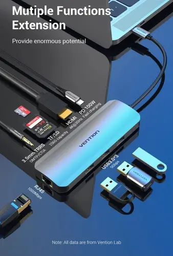 Vention докинг станция Docking Station Type-C - TOLHB - HDMI x 1, USB3.0 x 3, USB-C PD100W x 1, LAN x 1 (1Gbps), SD/TF, Audio - image 2