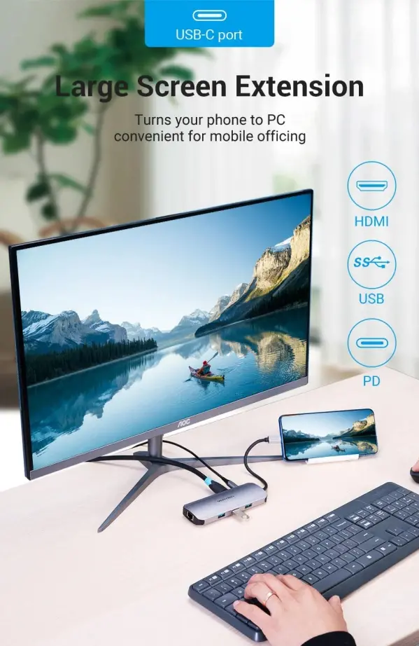 Vention докинг станция Docking Station Type-C - TOLHB - HDMI x 1, USB3.0 x 3, USB-C PD100W x 1, LAN x 1 (1Gbps), SD/TF, Audio - image 9