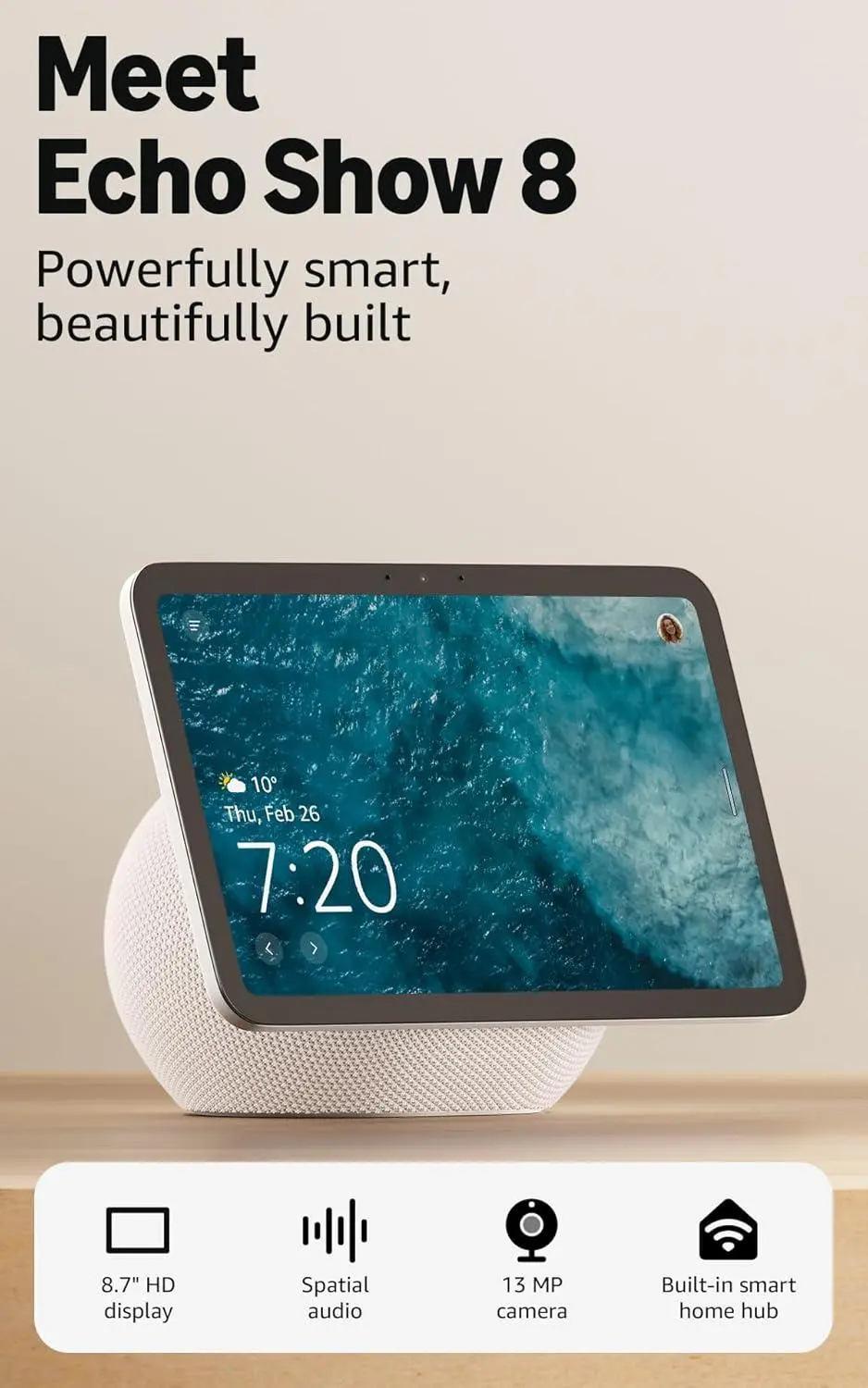 Display smart Amazon Echo Show 8 (Gen 4), 8'', 3D-audio, alb - image 1
