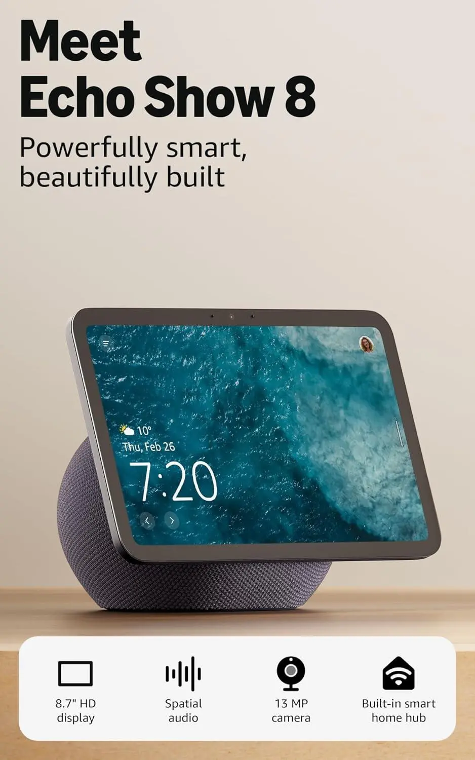 Amazon Echo Show 8 (Gen 4), 8'' дисплей за визуaлизация, 3D-audio, черен - image 1