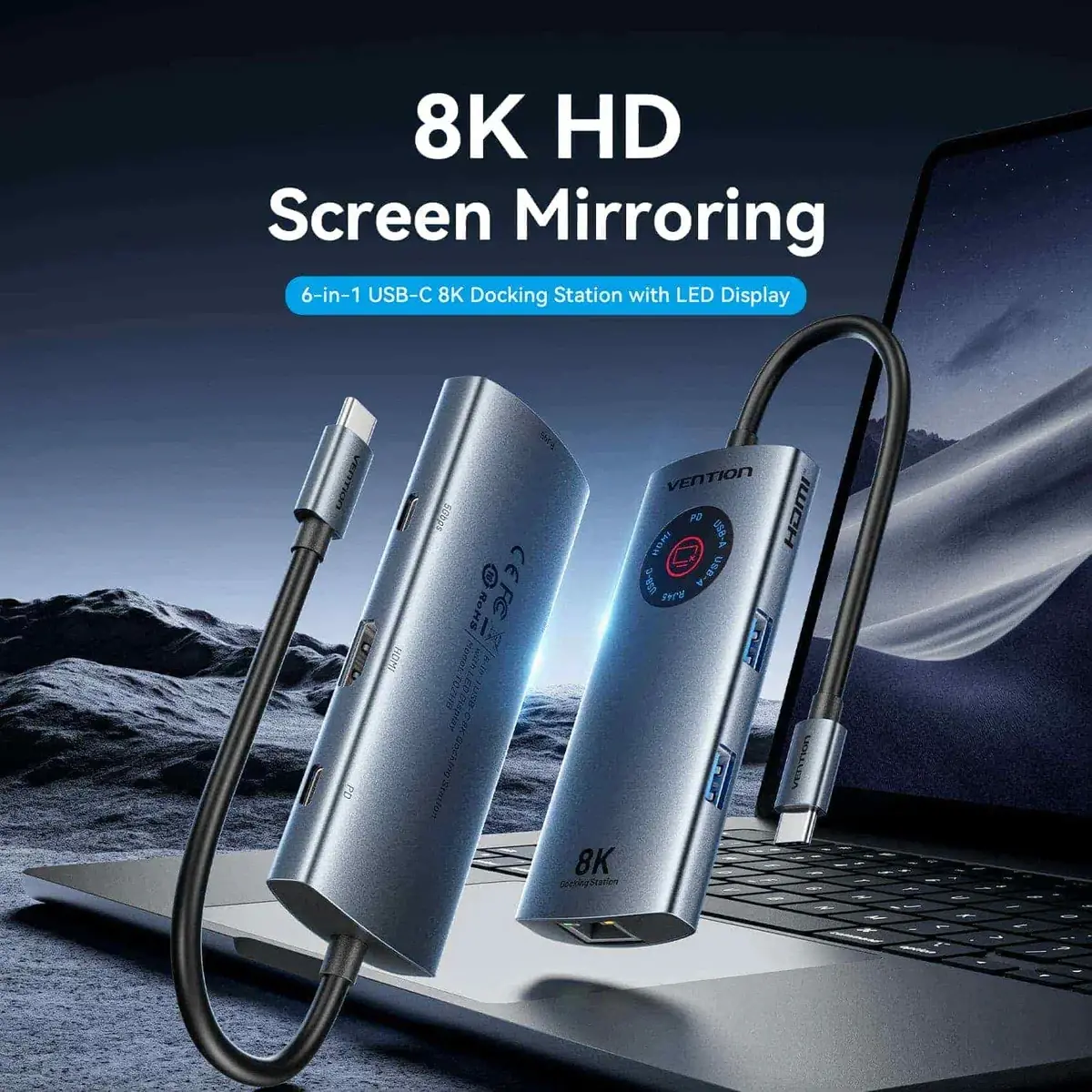 Vention докинг станция Docking Station Type-C - TQZHB - 8K, LED Display - HDMI, USB 3.0 x 2, USB-C 3.2 Gen 1, PD100W,  LAN (1Gbps) - image 1