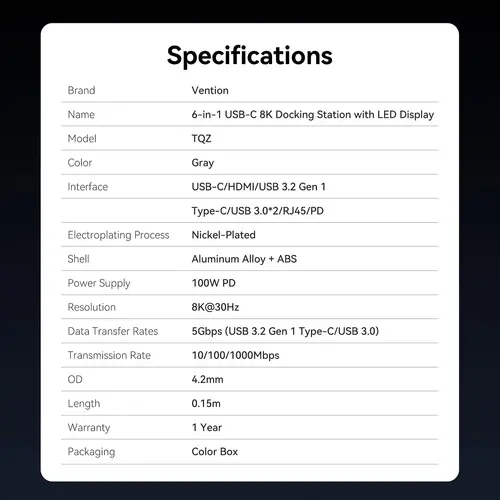 Vention докинг станция Docking Station Type-C - TQZHB - 8K, LED Display - HDMI, USB 3.0 x 2, USB-C 3.2 Gen 1, PD100W,  LAN (1Gbps) - image 13