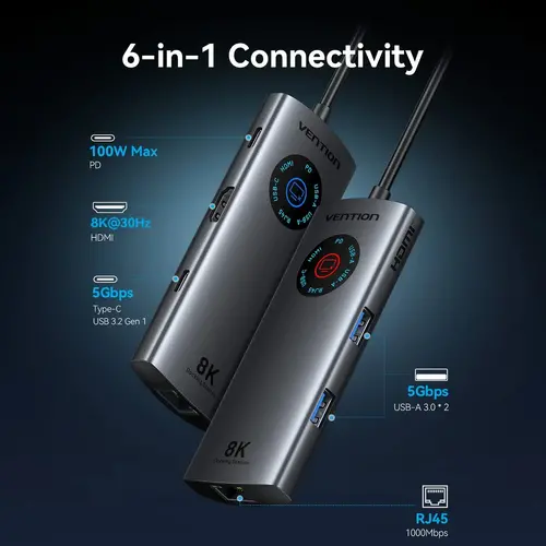 Vention докинг станция Docking Station Type-C - TQZHB - 8K, LED Display - HDMI, USB 3.0 x 2, USB-C 3.2 Gen 1, PD100W,  LAN (1Gbps) - image 2