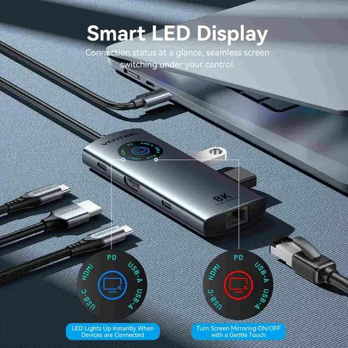 Vention докинг станция Docking Station Type-C - TQZHB - 8K, LED Display - HDMI, USB 3.0 x 2, USB-C 3.2 Gen 1, PD100W,  LAN (1Gbps) - image 3