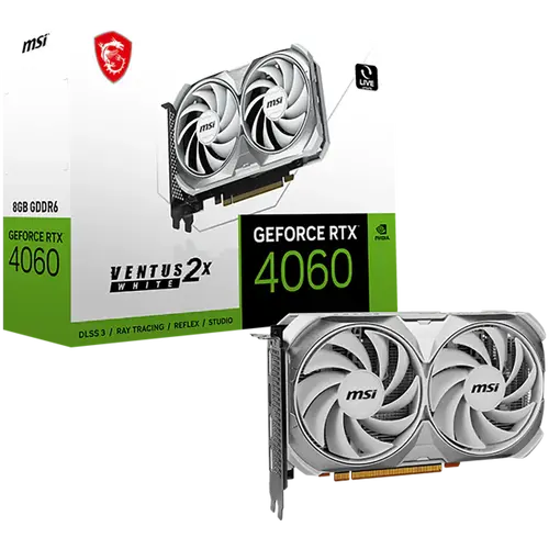 MSI Video Card Nvidia GeForce RTX 4060 VENTUS 2X WHITE 8G, 8GB GDDR6, 128bit, Boost: 2475 MHz, 3072 CUDA Cores, PCIe 4.0, 3x DP 1.4a, HDMI 2.1a, RAY TRACING, Dual Fan, 1x 8pin, 550W Recommended PSU, 3Y MSI Video Card Nvidia GeForce RTX 4060 VENTUS 2X WHITE 8G, 8GB GDDR6, 128bit, Boost: 2475 MHz, 3072 CUDA Cores, PCIe 4.0, 3x DP 1.4a, HDMI 2.1a, RAY TRACING, Dual Fan, 1x 8pin, 550W Recommended PSU, 3Y