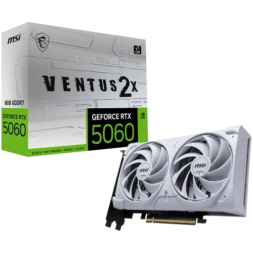 MSI Video Card NVIDIA GeForce RTX 5060 8G VENTUS 2X WHITE, 8GB GDDR7, 128-bit, 2512 MHz Boost, 3840 CUDA Cores, PCIe 5.0 (x8), 3x DP 2.1b, HDMI 2.1b, RAY TRACING, Dual Fan, 145W TDP, 8-pin PCIe Power, G-SYNC, 2-Slot, 3Y MSI Video Card NVIDIA GeForce RTX 5060 8G VENTUS 2X WHITE, 8GB GDDR7, 128-bit, 2512 MHz Boost, 3840 CUDA Cores, PCIe 5.0 (x8), 3x DP 2.1b, HDMI 2.1b, RAY TRACING, Dual Fan, 145W TDP, 8-pin PCIe Power, G-SYNC, 2-Slot, 3Y