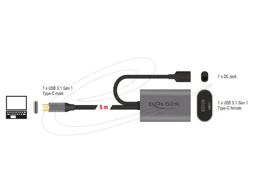 Delock Кабел активен удължителен USB-C към USB-C женско , 5m, (доп. DC захранващ сокет за опцион. захр.) - image 1