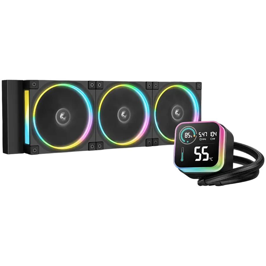 DeepCool LQ360 ULTRA ARGB, Cooler CPU cu lichid 360mm, 3 ventilatoare FL12 ARGB 120mm, Ecran LED, Tehnologie anti-scurgeri, Negru