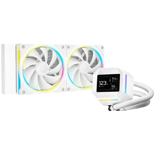 DeepCool LM240 WH, 240mm CPU Liquid Cooler, 2.4" LCD screen, 2x120mm FL12 SE ARGB PWM Fans, Fluid Dynamic Bearing, White, Intel LGA1851/1700/1200/1151/1150/1155, AMD AM5/AM4, R-LM240-WHDMMC-1, 3Y DeepCool LM240 WH, 240mm CPU Liquid Cooler, 2.4" LCD screen, 2x120mm FL12 SE ARGB PWM Fans, Fluid Dynamic Bearing, White, Intel LGA1851/1700/1200/1151/1150/1155, AMD AM5/AM4, R-LM240-WHDMMC-1, 3Y