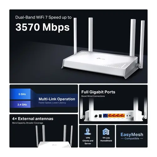 Безжичен рутер TP-Link Archer BE220W,BE3600,WiFi7,1x1 Gb.WAN port,4x1 Gb.LAN,бял - image 3