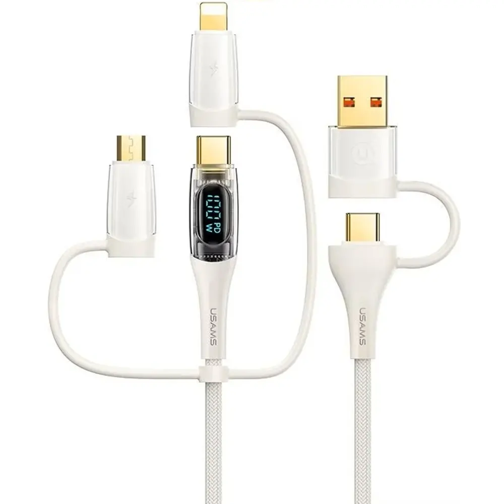 Кабел за бързо зареждане и данни USAMS US-SJ626 PD100W A+C to C+L+M 6in1 Shadow Series 2 метра, бял