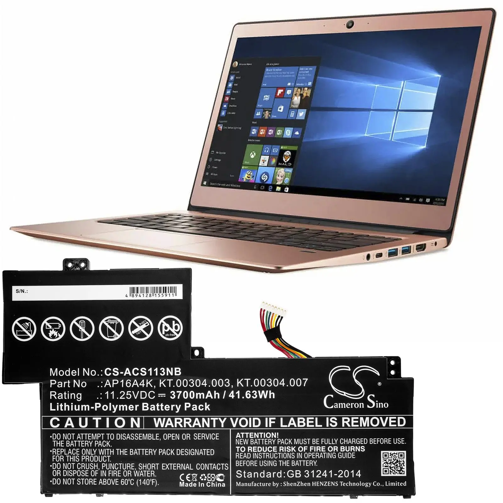 Батерия  за лаптоп ACER Aspire One Cloudbook 11 AO1-132, SWIFT 1 SF113-31-P2JX, AP16A4K LiPo 11.25V 3700mAh  CAMERON SINO - image 3