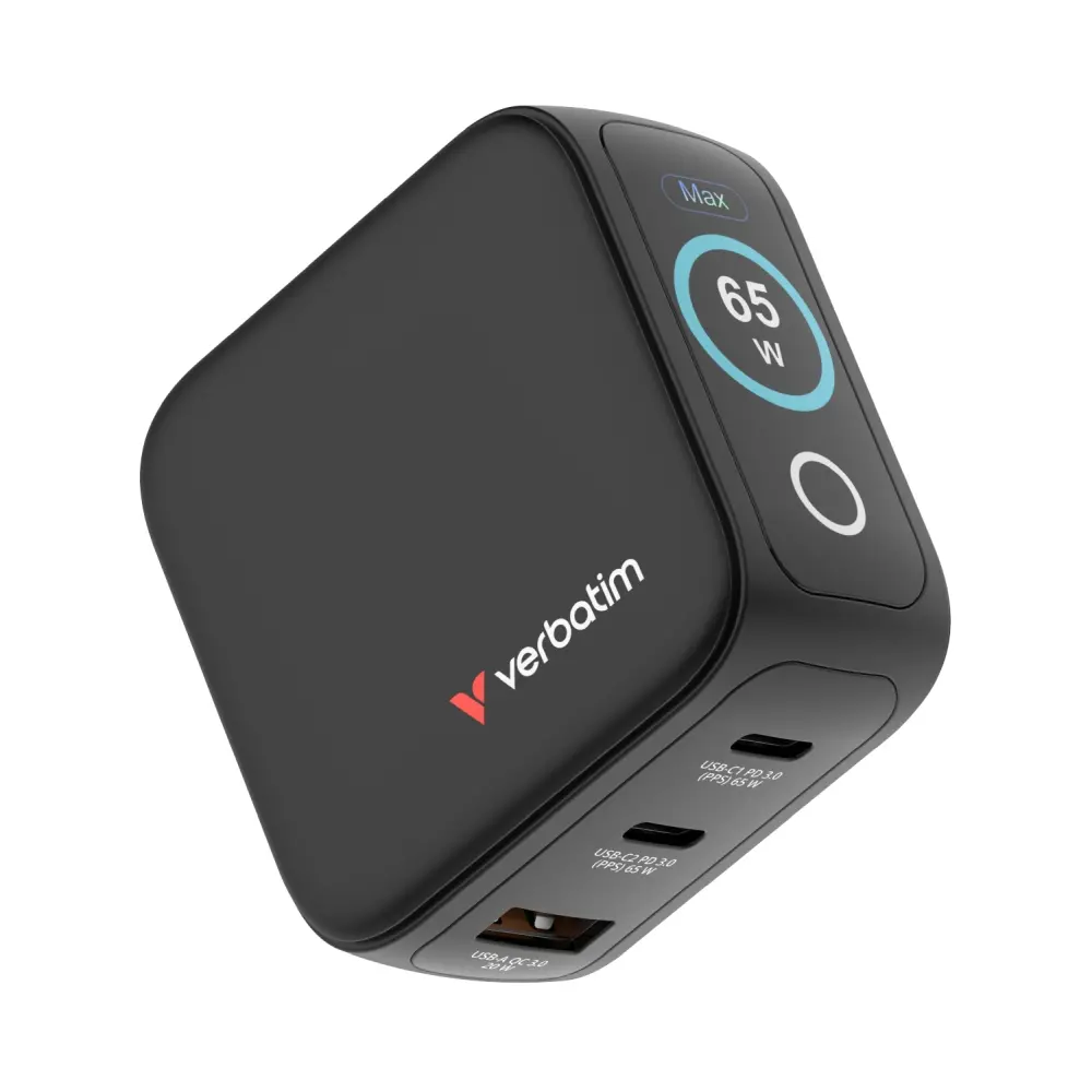 Зарядно устройство, Verbatim Mini GaN Charger 65W with Display + 60W USB-C to USB-C Cable (Charger and Data transfer) Grey - image 2