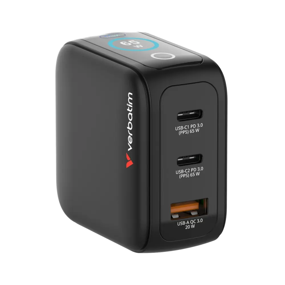 Зарядно устройство, Verbatim Mini GaN Charger 65W with Display + 60W USB-C to USB-C Cable (Charger and Data transfer) Grey - image 4