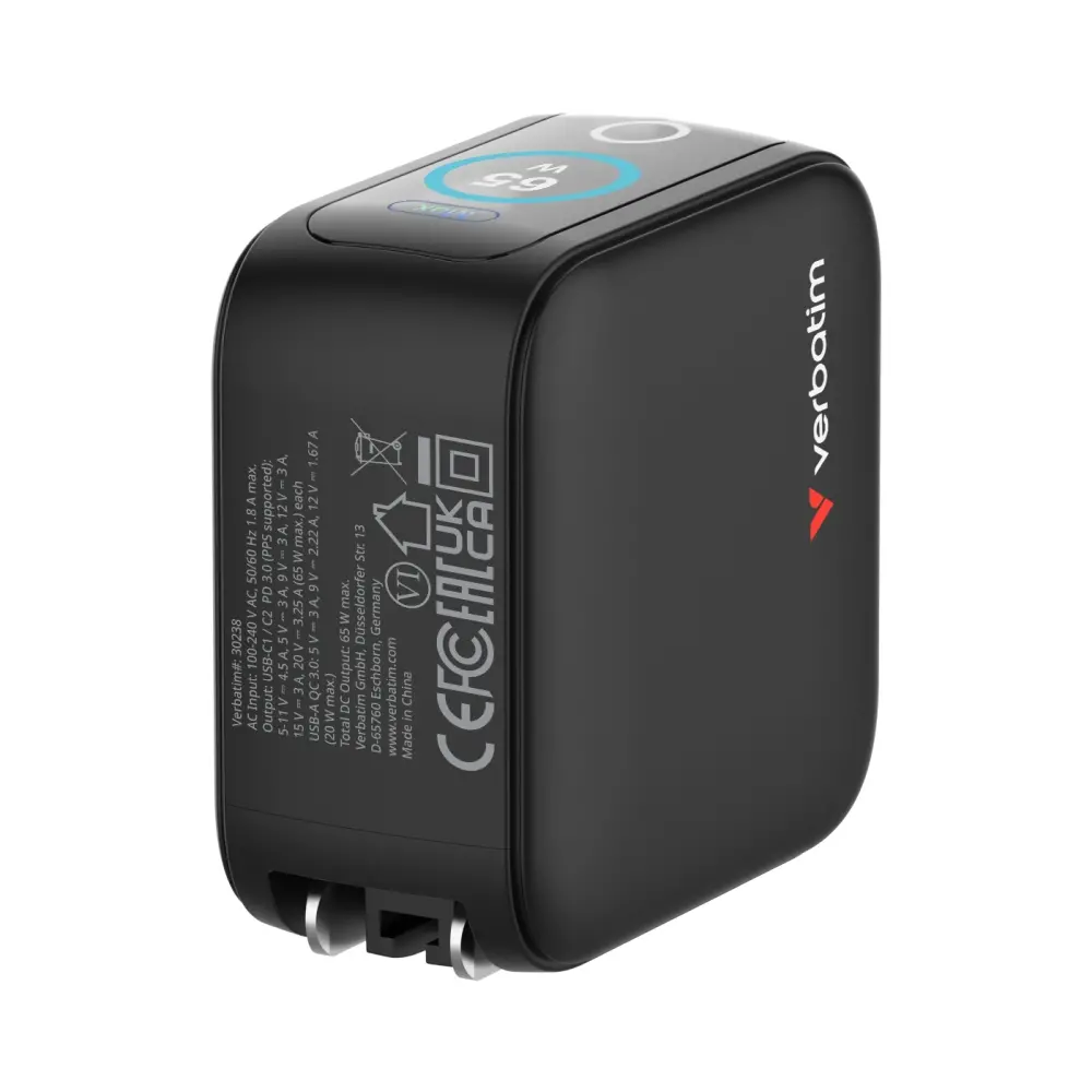 Зарядно устройство, Verbatim Mini GaN Charger 65W with Display + 60W USB-C to USB-C Cable (Charger and Data transfer) Grey - image 8