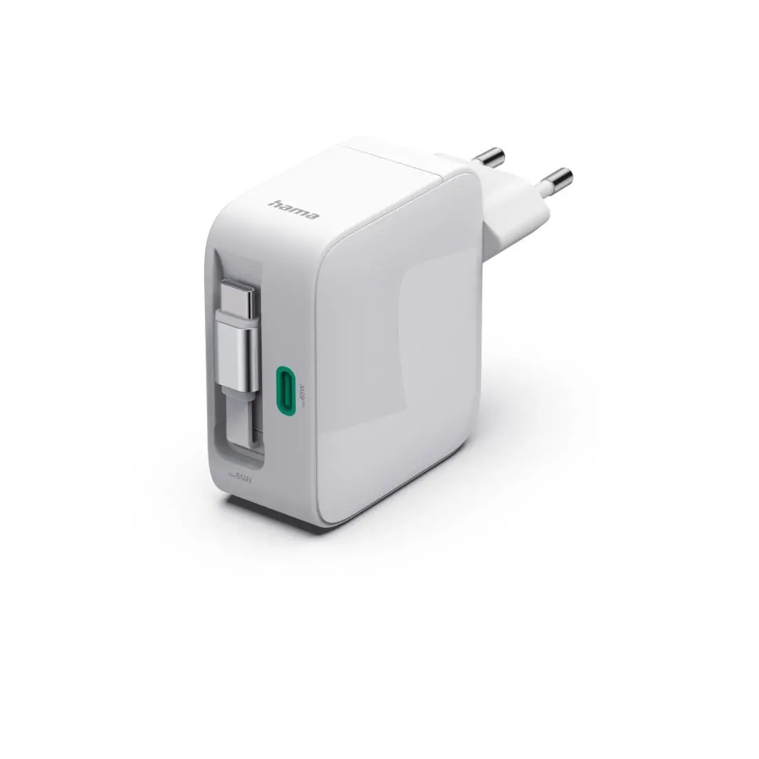 HAMA Γρήγορος φορτιστής, 65 W, GaN, 2x USB-C, με επεκτεινόμενο καλώδιο 0.7m, λευκό