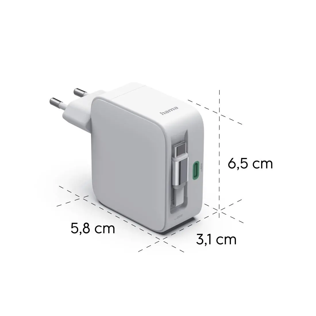 HAMA Бързо зарядно, 65 W, GaN, 2x USB-C, с разтегателен кабел 0.7м, бял - image 10
