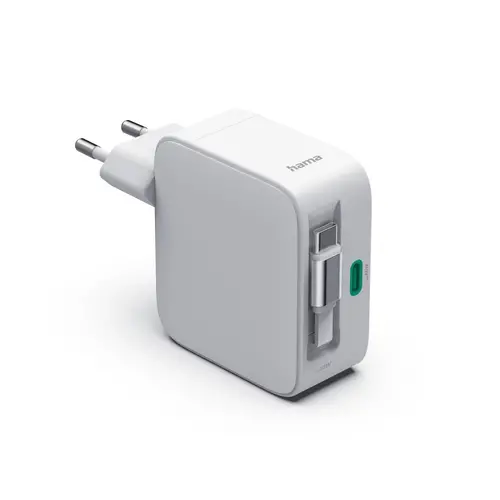 HAMA Γρήγορος φορτιστής, 65 W, GaN, 2x USB-C, με επεκτεινόμενο καλώδιο 0.7m, λευκό - 2