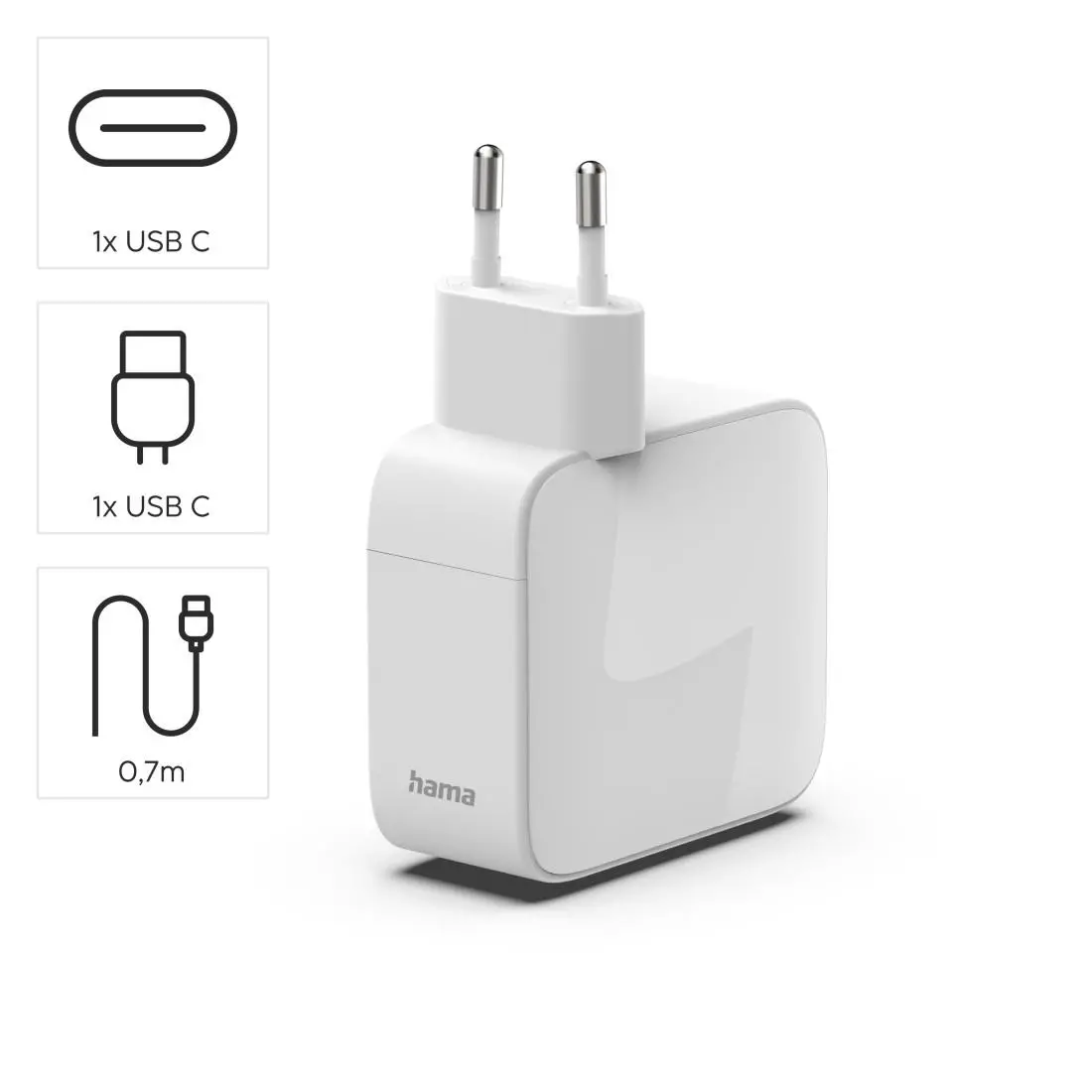 HAMA Бързо зарядно, 65 W, GaN, 2x USB-C, с разтегателен кабел 0.7м, бял - image 7