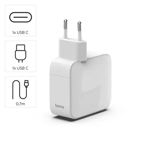 HAMA Încărcător rapid, 65 W, GaN, 2x USB-C, cu cablu extensibil 0.7m, alb - 8