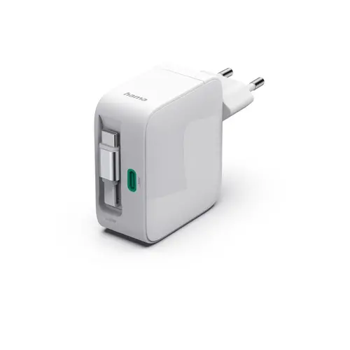 HAMA Încărcător rapid, 65 W, GaN, 2x USB-C, cu cablu extensibil 0.7m, alb - 1