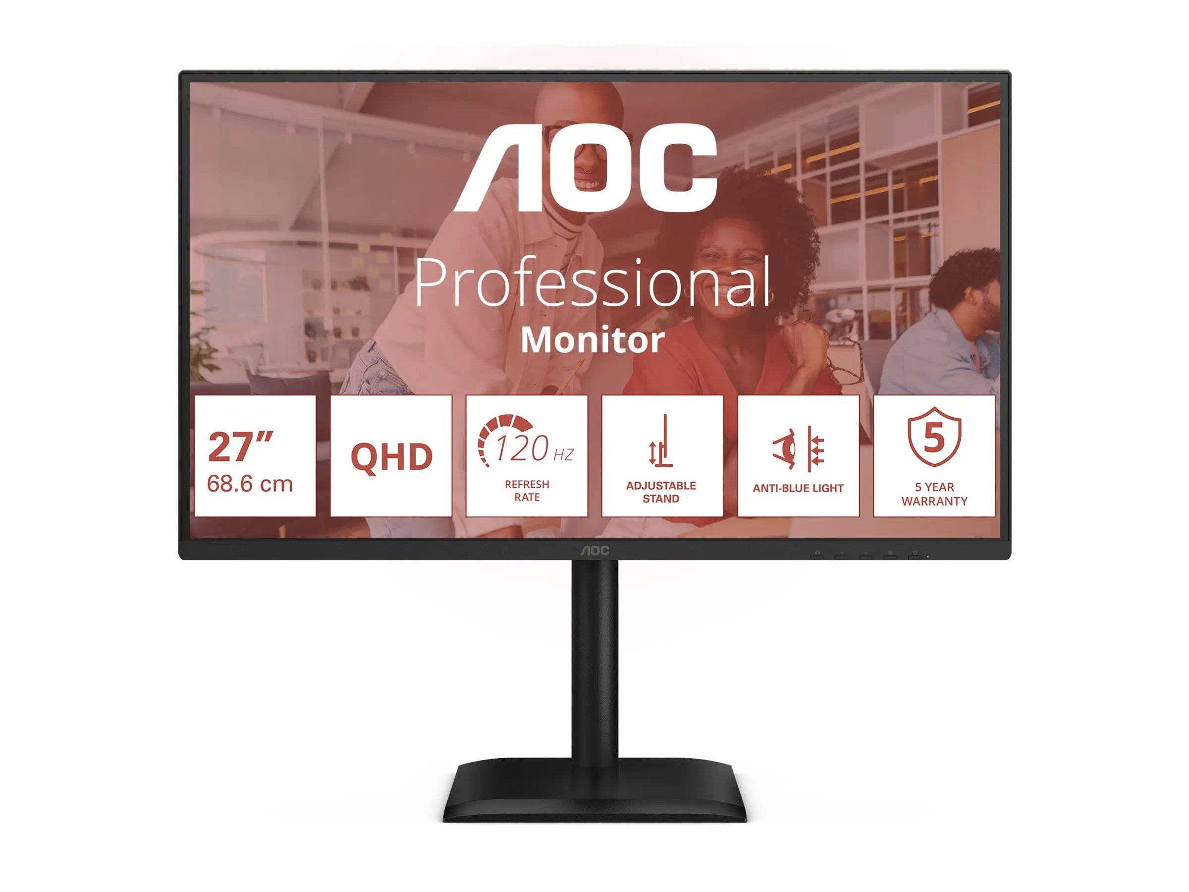 Монитор, AOC Q27E4U, 27" IPS WLED, 2560x1440@120Hz, 4ms GtG, 350cd m/2, 1500:1, 20M:1 DCR, Adaptive Sync, FlickerFree, Anti Blue Light, 2Wx2, Tilt, Height Adjust, Pivot, Swivel, HDMI, DP, USB Hub