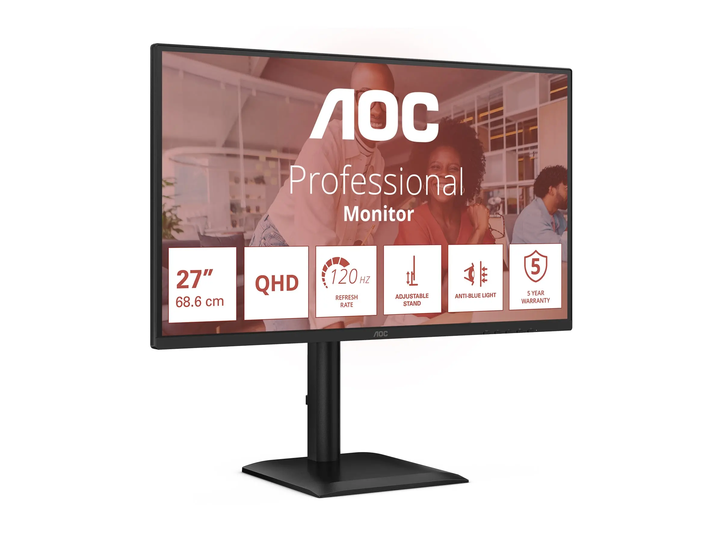 Монитор, AOC Q27E4U, 27" IPS WLED, 2560x1440@120Hz, 4ms GtG, 350cd m/2, 1500:1, 20M:1 DCR, Adaptive Sync, FlickerFree, Anti Blue Light, 2Wx2, Tilt, Height Adjust, Pivot, Swivel, HDMI, DP, USB Hub - image 2