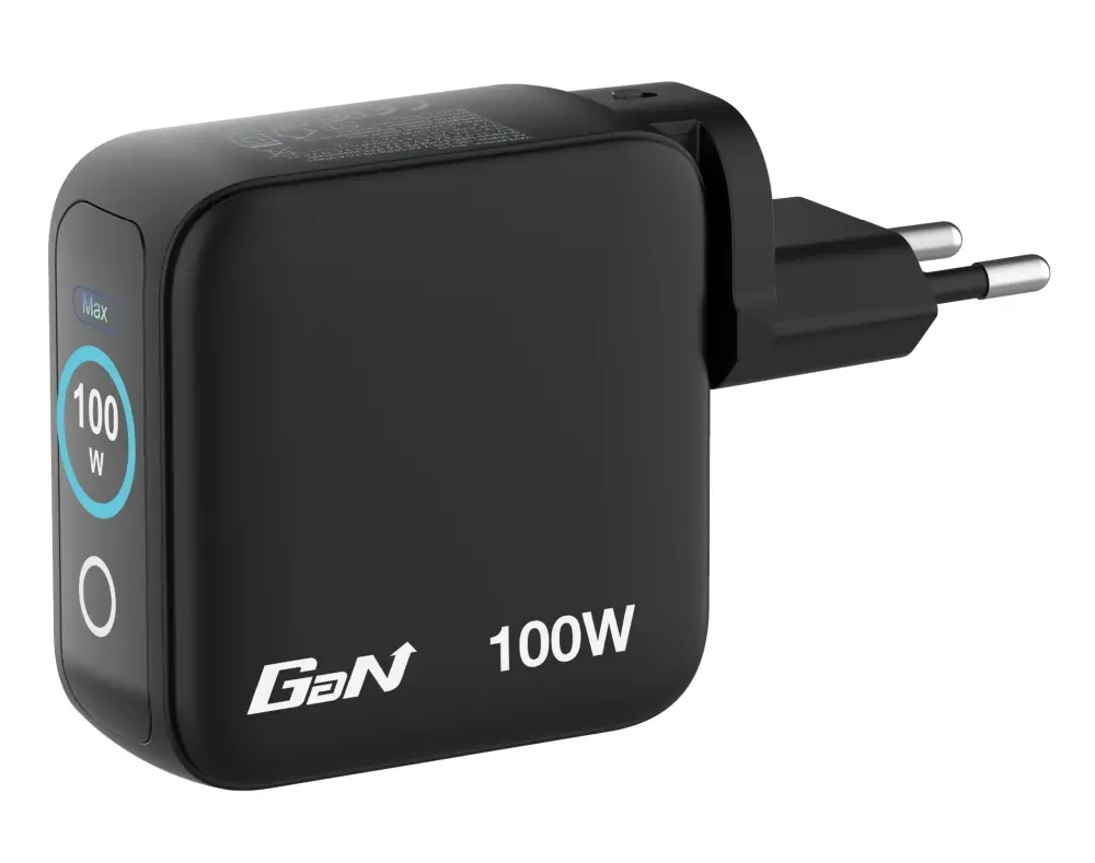 Зарядно устройство, Verbatim Mini GaN Charger 100W with Display + 100W USB-C to USB-C Cable (Charger and Data transfer) Grey