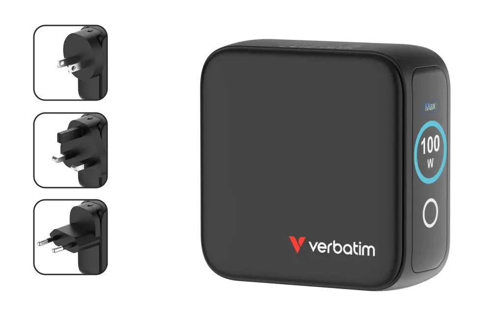 Зарядно устройство, Verbatim Mini GaN Charger 100W with Display + 100W USB-C to USB-C Cable (Charger and Data transfer) Grey - image 1