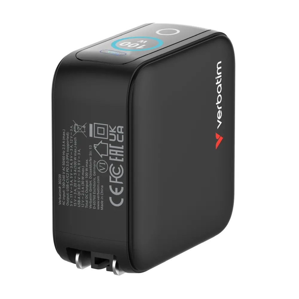 Зарядно устройство, Verbatim Mini GaN Charger 100W with Display + 100W USB-C to USB-C Cable (Charger and Data transfer) Grey - image 4