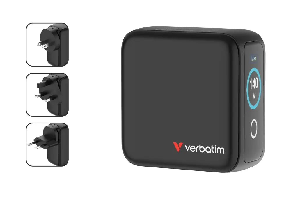 Зарядно устройство, Verbatim Mini GaN Charger 140W with Display + 140W USB-C to USB-C Cable (Charger and Data transfer) Grey - image 1