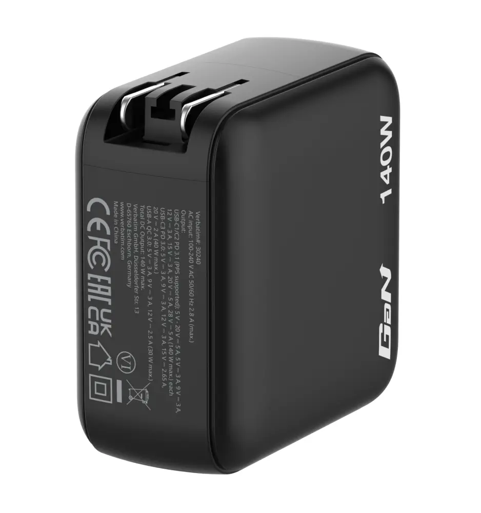 Зарядно устройство, Verbatim Mini GaN Charger 140W with Display + 140W USB-C to USB-C Cable (Charger and Data transfer) Grey - image 2