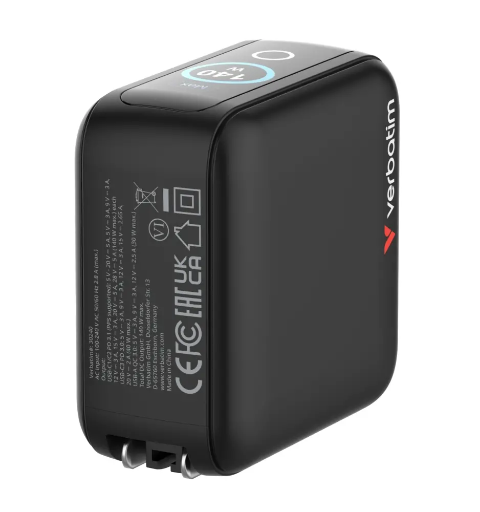 Зарядно устройство, Verbatim Mini GaN Charger 140W with Display + 140W USB-C to USB-C Cable (Charger and Data transfer) Grey - image 8