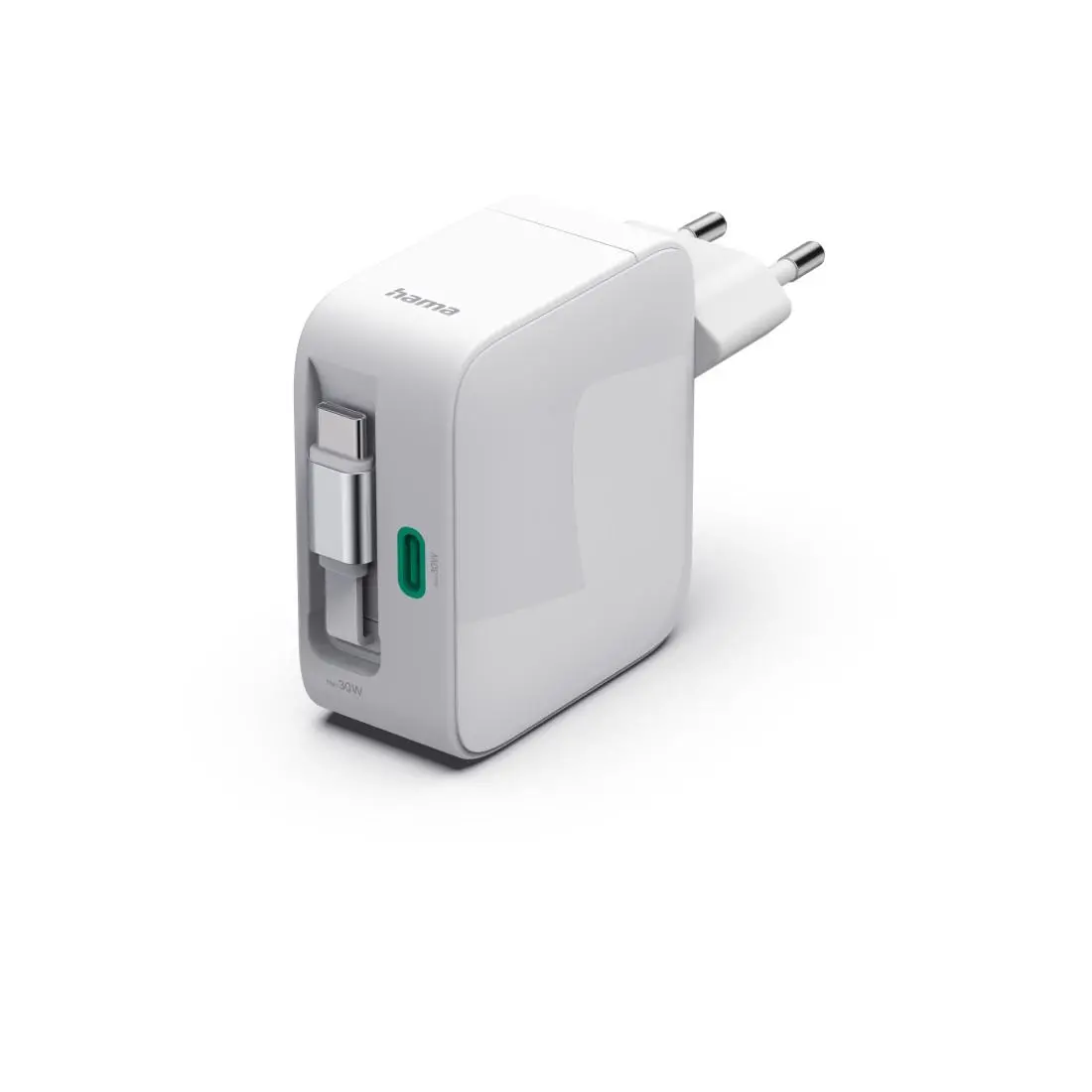 HAMA Γρήγορος φορτιστής, 30 W, GaN, 2x USB-C, με επεκτεινόμενο καλώδιο 0.7μ, λευκός