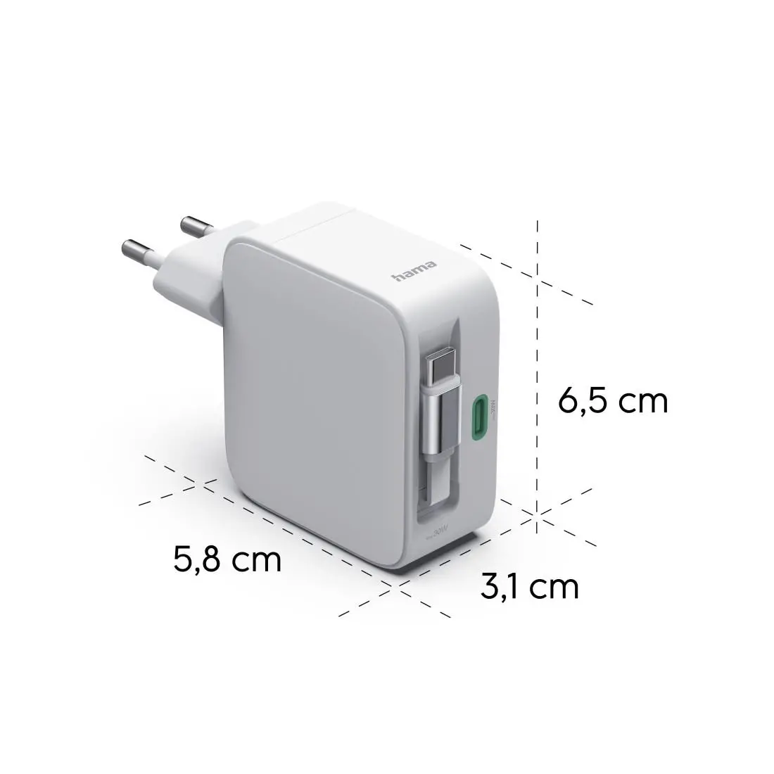 HAMA Бързо зарядно, 30 W, GaN, 2x USB-C, с разтегателен кабел 0.7м, бял - image 10