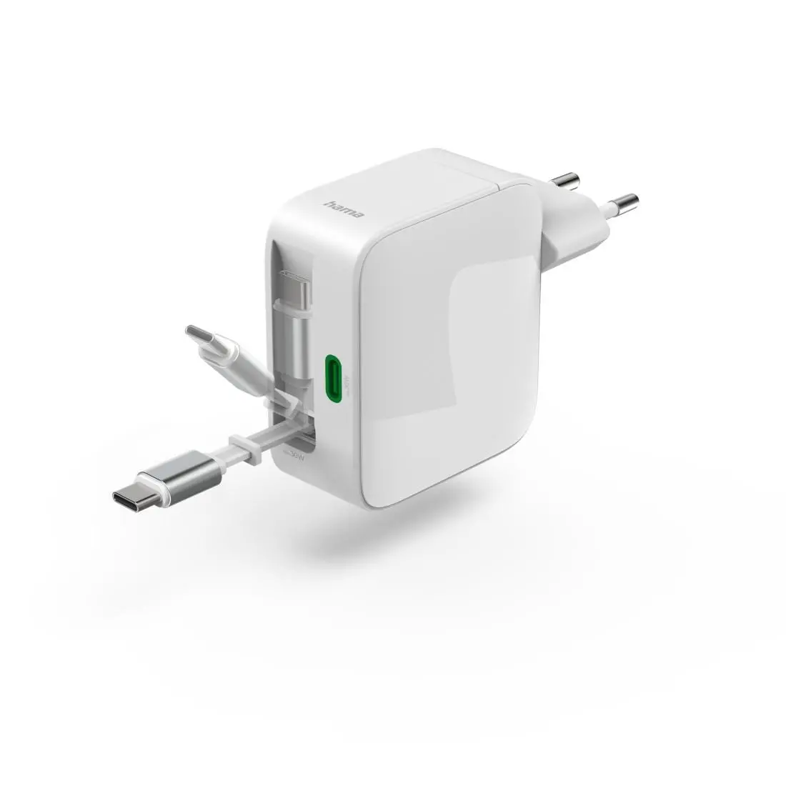 HAMA Бързо зарядно, 30 W, GaN, 2x USB-C, с разтегателен кабел 0.7м, бял - image 5