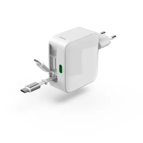 HAMA Γρήγορος φορτιστής, 30 W, GaN, 2x USB-C, με επεκτεινόμενο καλώδιο 0.7μ, λευκός - 6