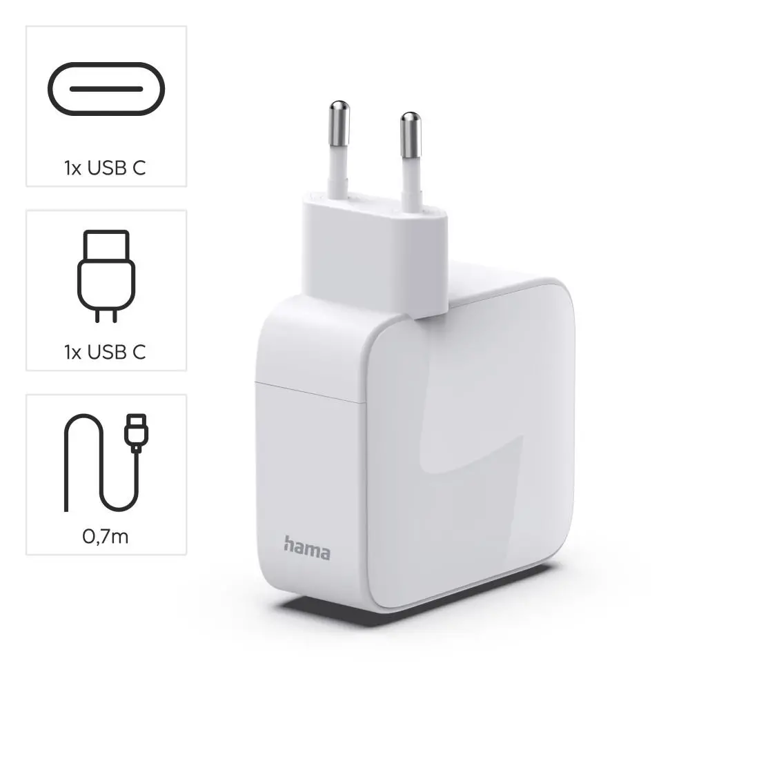 HAMA Încărcător rapid, 30 W, GaN, 2x USB-C, cu cablu extensibil 0.7m, alb - image 7