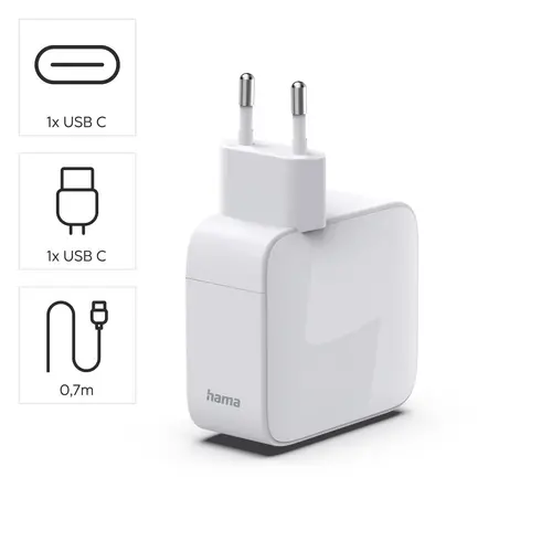 HAMA Încărcător rapid, 30 W, GaN, 2x USB-C, cu cablu extensibil 0.7m, alb - 8