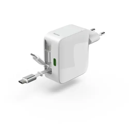 HAMA Γρήγορος φορτιστής, 30 W, GaN, 2x USB-C, με επεκτεινόμενο καλώδιο 0.7μ, λευκός - 9