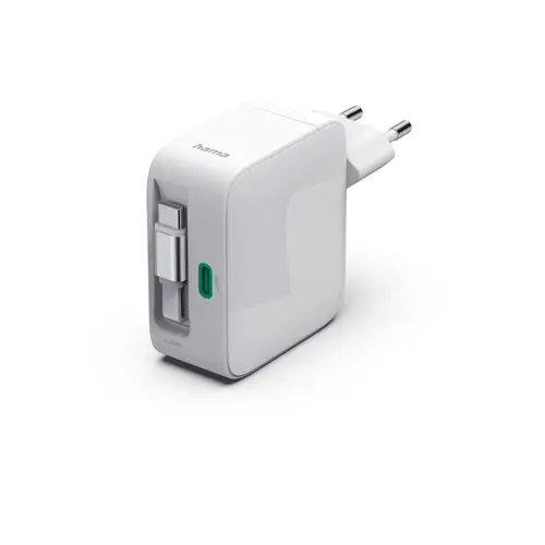 HAMA Γρήγορος φορτιστής, 30 W, GaN, 2x USB-C, με επεκτεινόμενο καλώδιο 0.7μ, λευκός - 1
